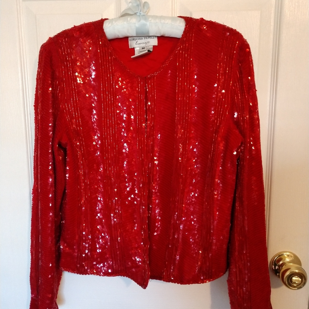 Adrianna Papell Evening Red Beaded Jacket sz M Med